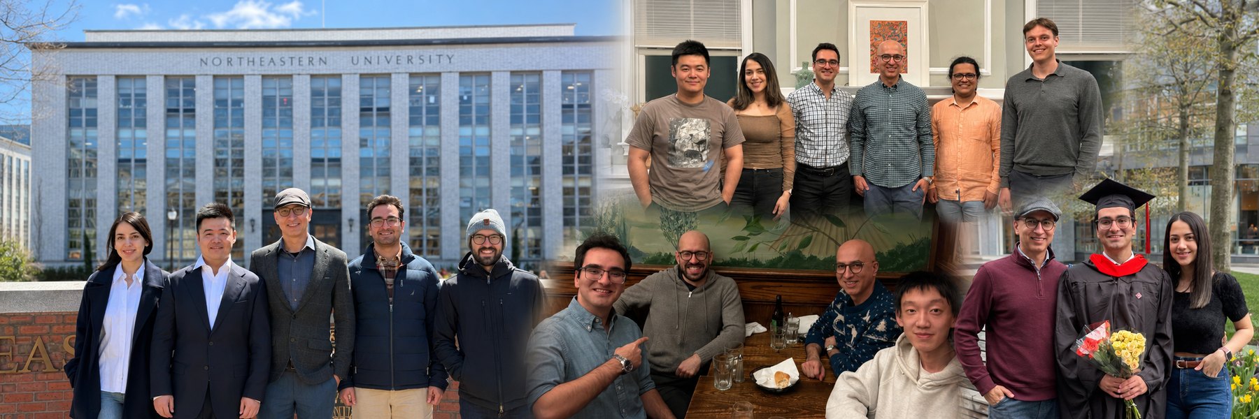 MAGICS Lab moments — group photos in front of Northeastern University, in the lab, at conferences, and at graduation.